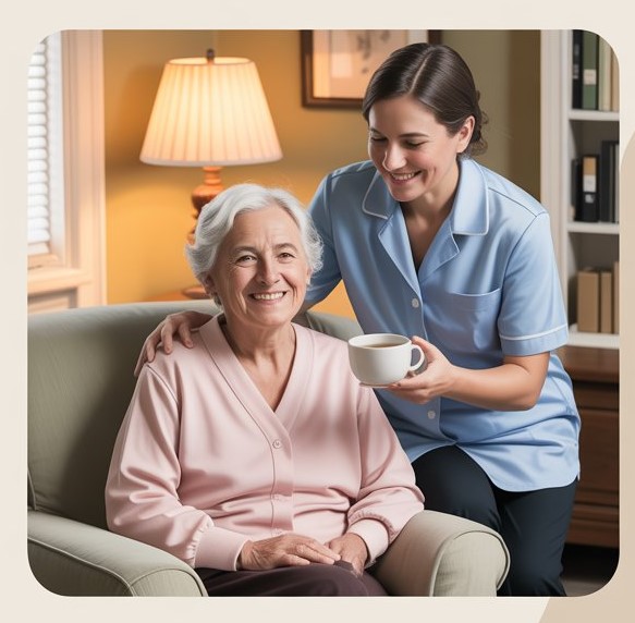 Professional caregiver providing compassionate care to elderly client in comfortable home setting